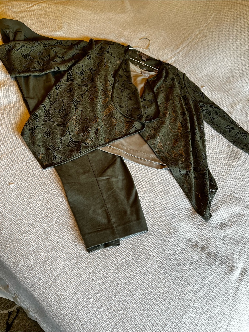 Chico's Olive Lace Overlay Jacket, shell and cropped pants